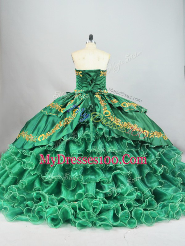 Green Lace Up Sweetheart Sleeveless 15 Quinceanera Dress Brush Train Embroidery and Ruffled Layers