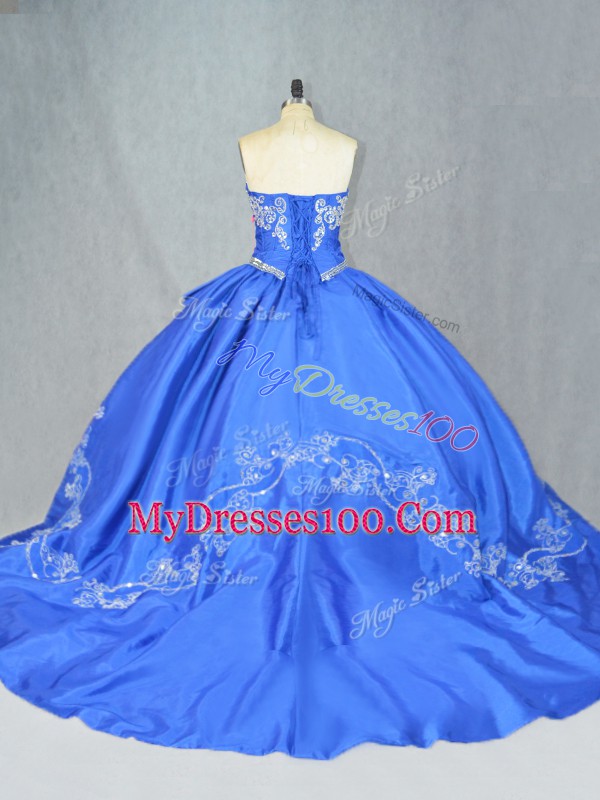 Cheap Ball Gowns Sleeveless Blue Sweet 16 Dresses Court Train Lace Up