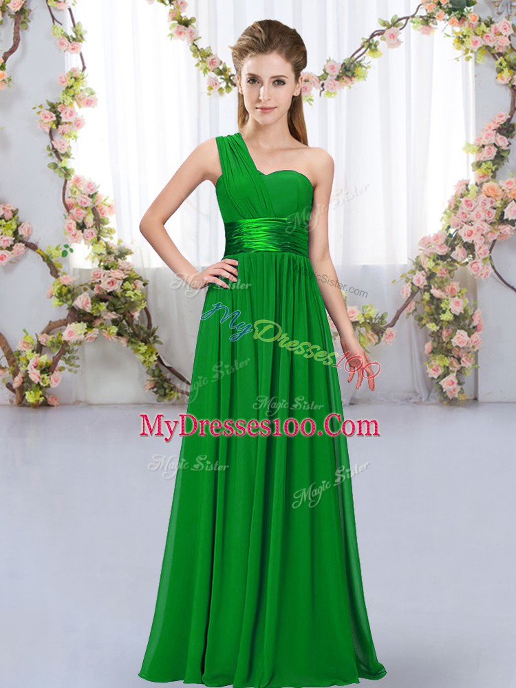 Stunning One Shoulder Sleeveless Wedding Party Dress Floor Length Belt Dark Green Chiffon