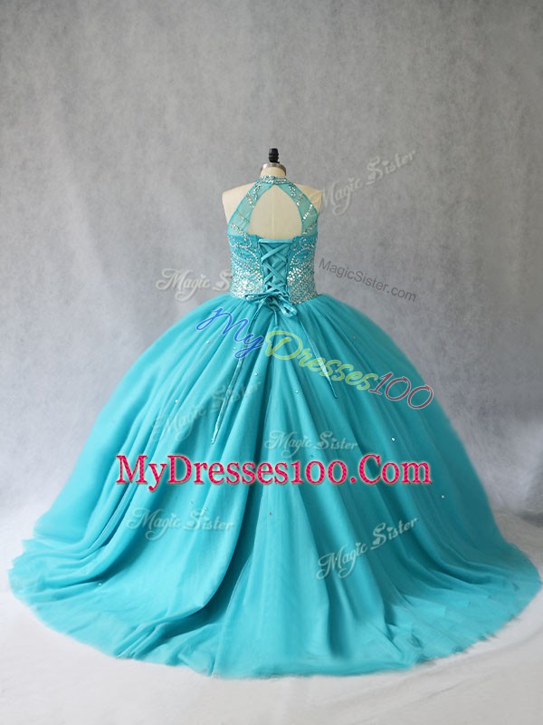 Halter Top Sleeveless Quinceanera Dresses Brush Train Beading Aqua Blue Tulle