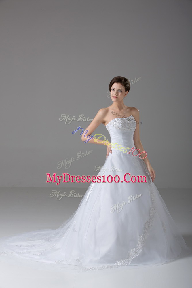 White Strapless Lace Up Beading and Lace Wedding Gowns Brush Train Sleeveless