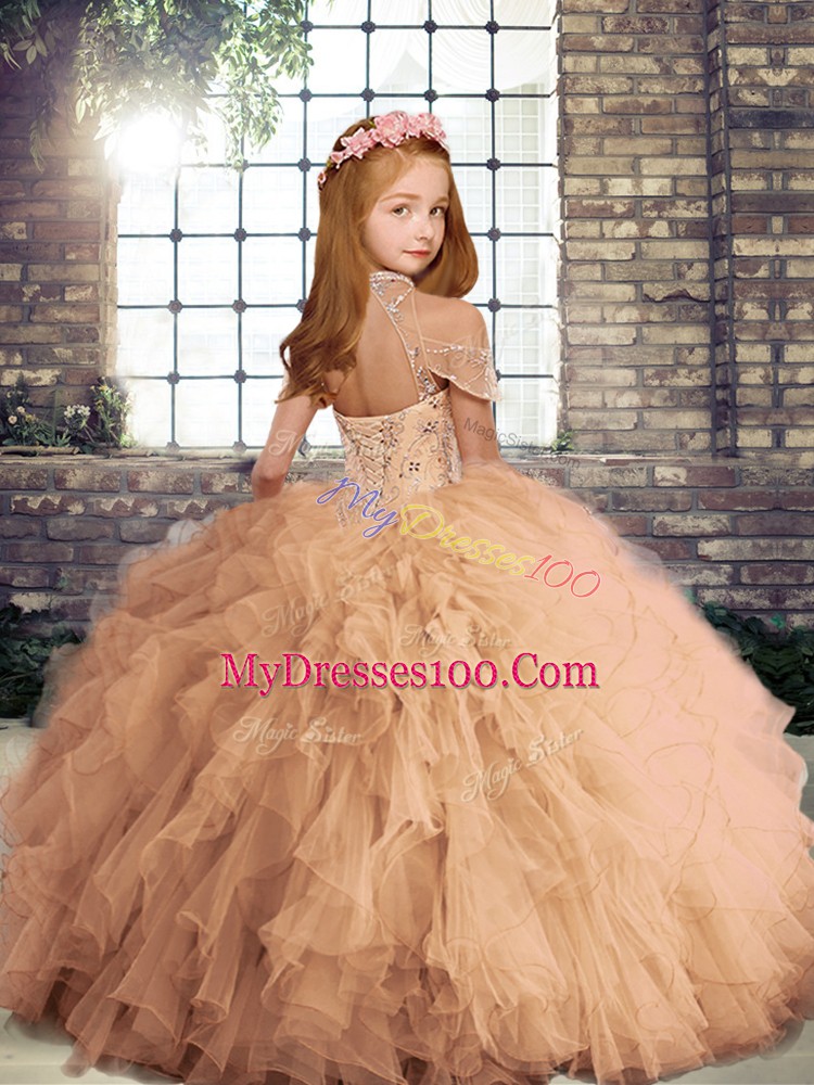 Tulle Lace Up Little Girl Pageant Dress Sleeveless Floor Length Beading and Ruffles