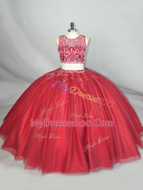 Floor Length Red Quince Ball Gowns Scoop Sleeveless Zipper