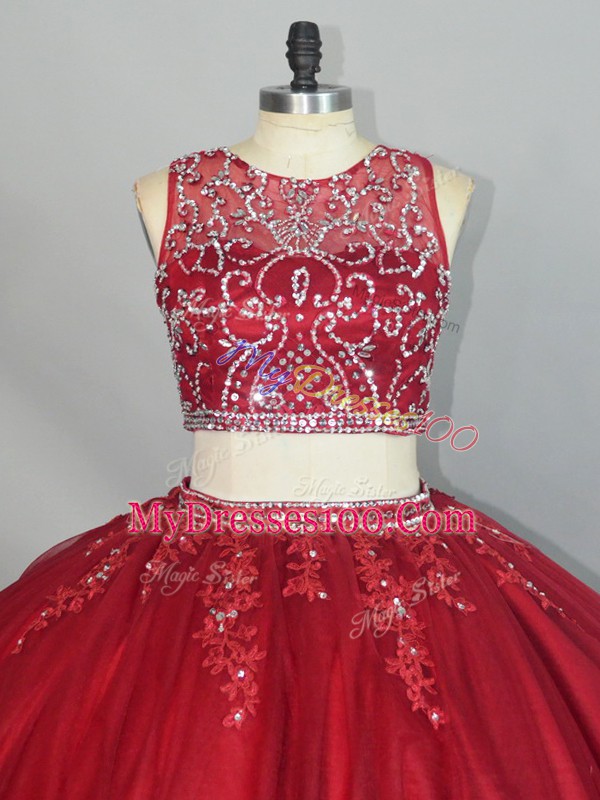 Floor Length Red Quince Ball Gowns Scoop Sleeveless Zipper