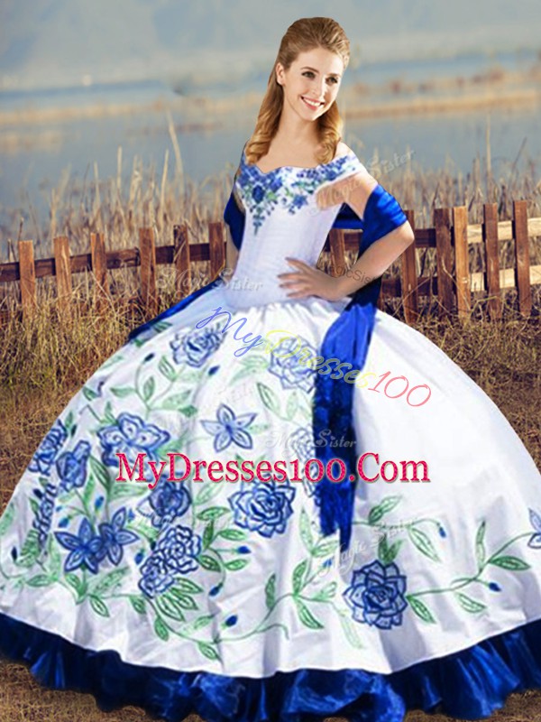 Stylish Floor Length Lace Up Sweet 16 Dress Blue And White for Sweet 16 and Quinceanera with Embroidery and Ruffles