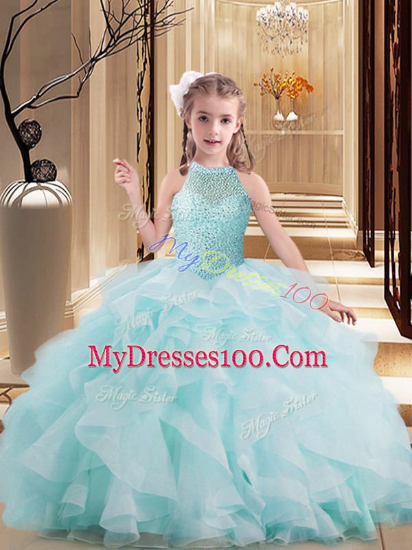 Light Blue Sleeveless Brush Train Beading and Ruffles Girls Pageant Dresses