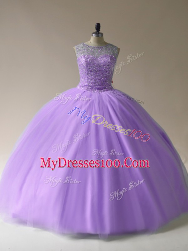 Decent Lavender Scoop Lace Up Beading Ball Gown Prom Dress Sleeveless