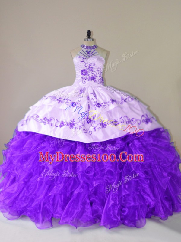 Flare Purple Sleeveless Embroidery and Ruffles Lace Up 15th Birthday Dress