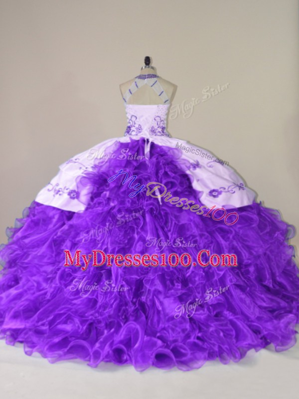 Flare Purple Sleeveless Embroidery and Ruffles Lace Up 15th Birthday Dress