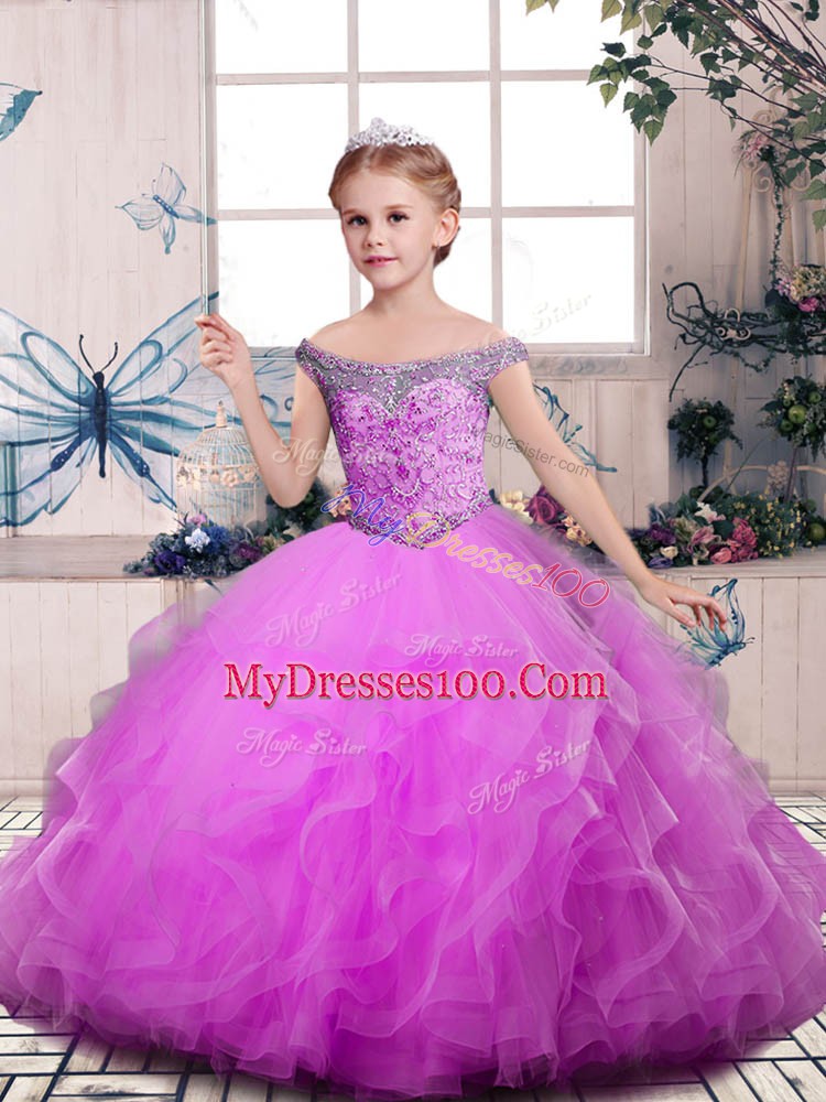 Best Lilac Tulle Lace Up Off The Shoulder Sleeveless Floor Length Little Girls Pageant Dress Wholesale Beading and Ruffles