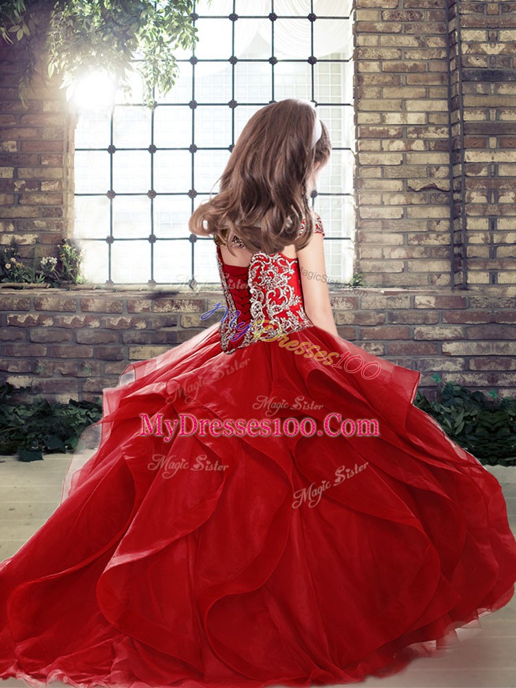 Orange Ball Gowns Off The Shoulder Sleeveless Organza and Tulle Floor Length Lace Up Beading Kids Pageant Dress