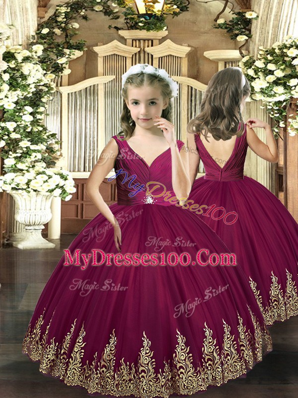 Burgundy Sleeveless Floor Length Embroidery Backless Little Girl Pageant Dress