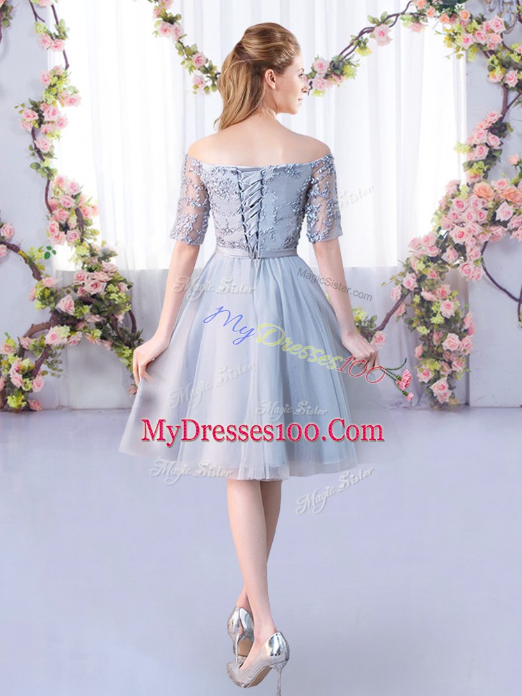 Enchanting Grey Short Sleeves Tulle Lace Up Wedding Guest Dresses for Wedding Party