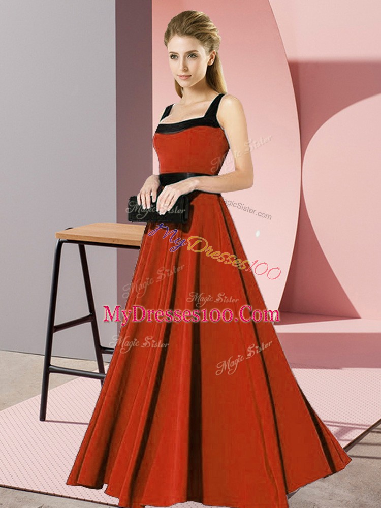 Decent Rust Red Square Neckline Belt Bridesmaid Dress Sleeveless Zipper