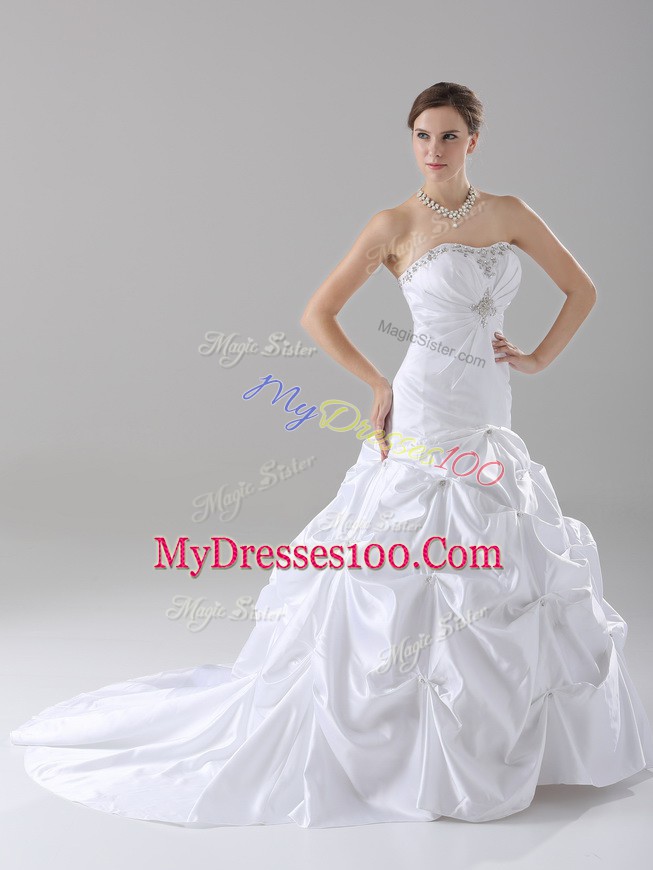 White A-line Strapless Sleeveless Taffeta Brush Train Lace Up Beading and Pick Ups Wedding Gown