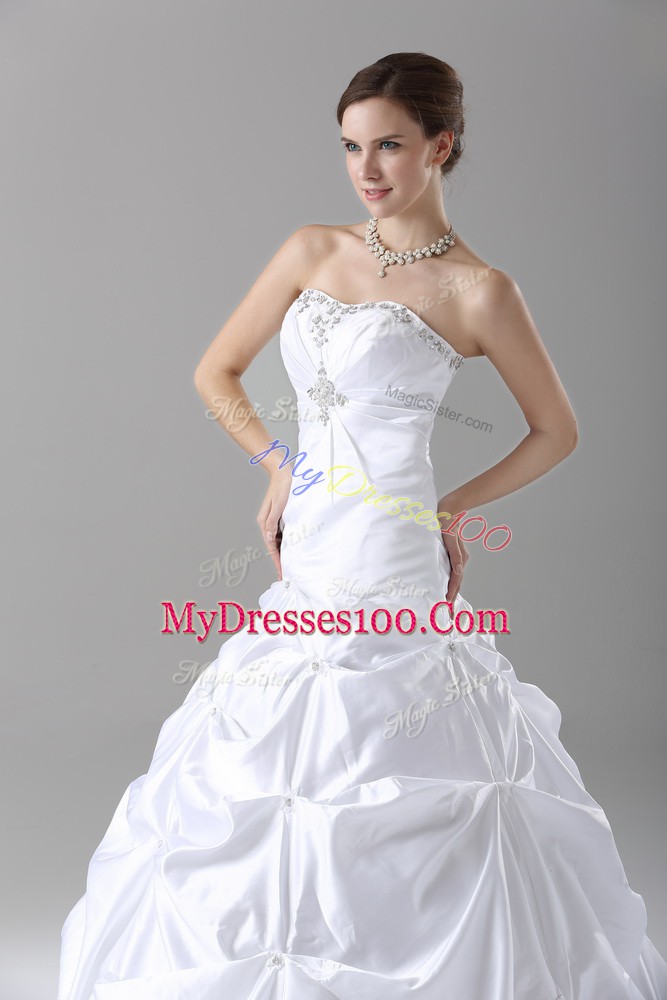 White A-line Strapless Sleeveless Taffeta Brush Train Lace Up Beading and Pick Ups Wedding Gown