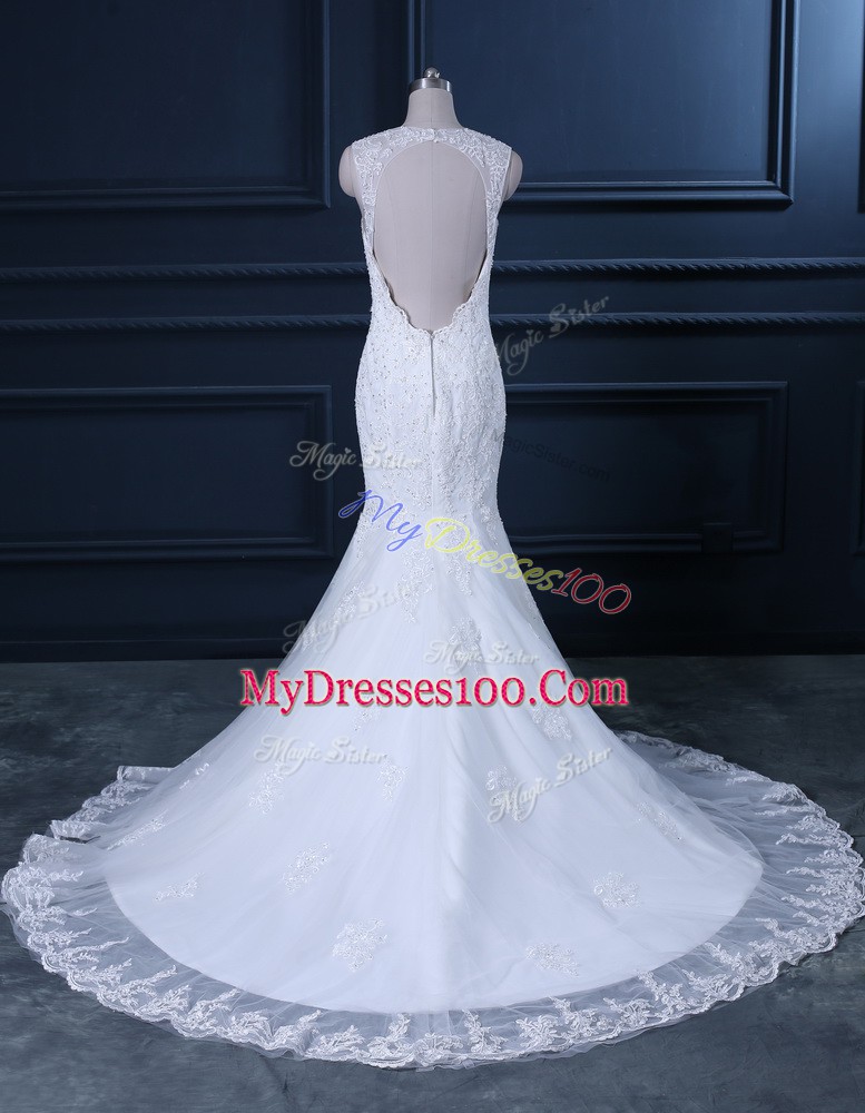 White Tulle Backless Wedding Gowns Sleeveless Brush Train Beading and Lace