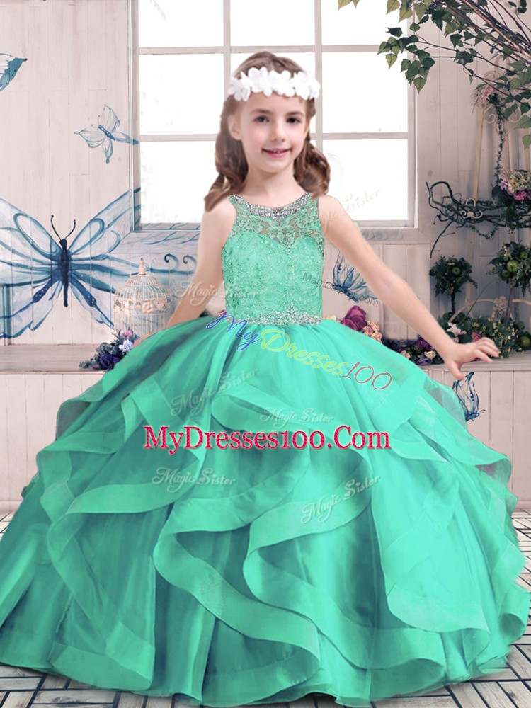 Aqua Blue Ball Gowns Scoop Sleeveless Tulle Floor Length Lace Up Beading and Ruffles Little Girls Pageant Gowns