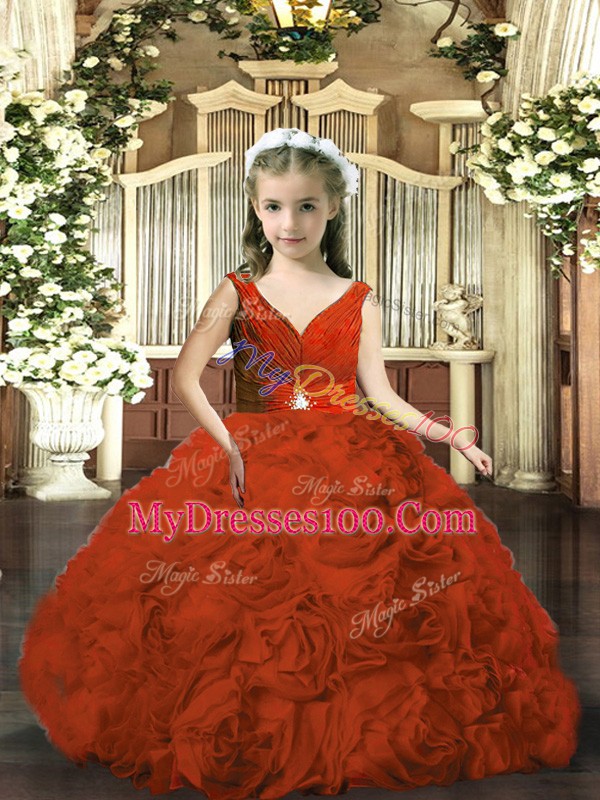 Floor Length Rust Red Kids Formal Wear Fabric With Rolling Flowers Sleeveless Beading and Ruching