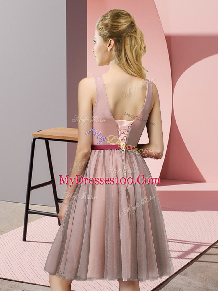 High Quality Champagne Empire Tulle V-neck Sleeveless Appliques Knee Length Lace Up Dama Dress