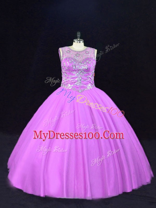 Pretty Lilac Sleeveless Floor Length Beading Lace Up Sweet 16 Quinceanera Dress