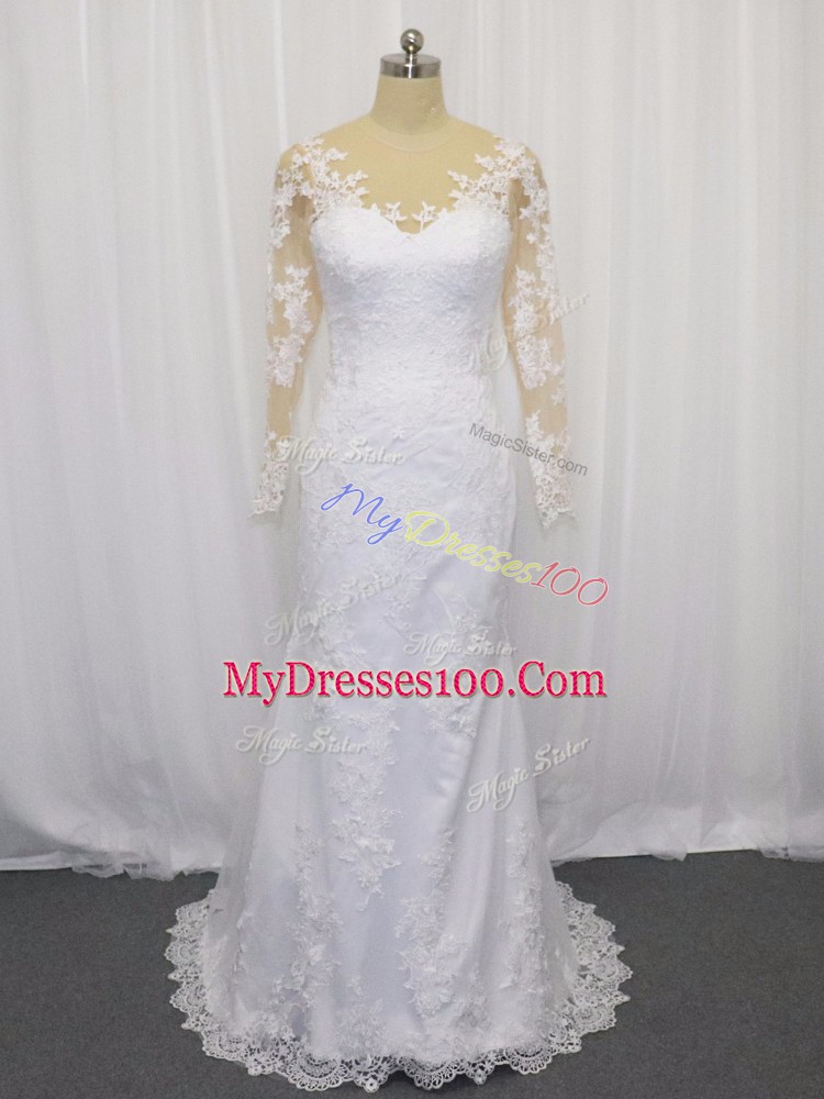 Sweet Lace Wedding Dresses White Clasp Handle Long Sleeves Brush Train