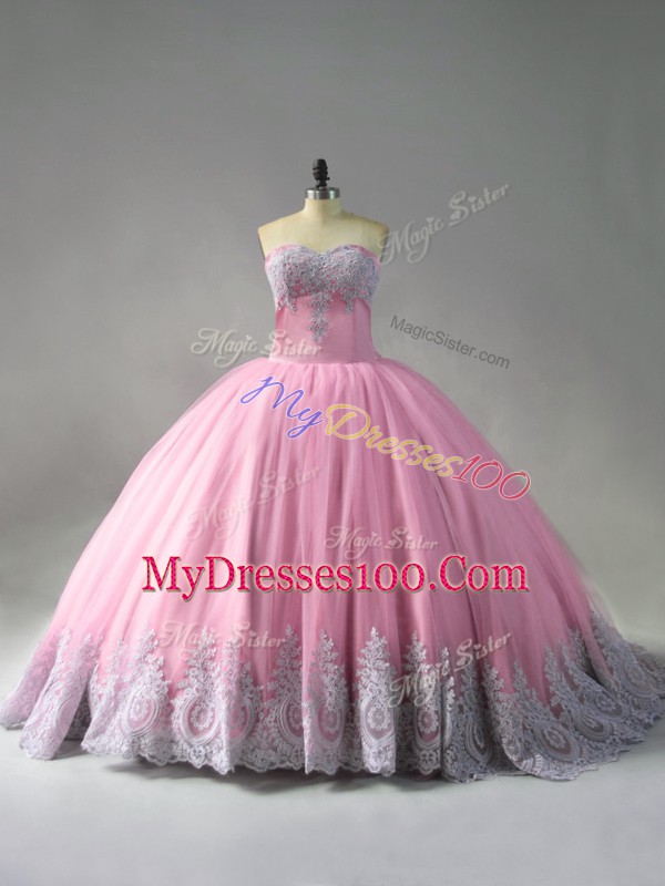 Shining Tulle Sweetheart Sleeveless Court Train Lace Up Beading and Appliques 15 Quinceanera Dress in Pink