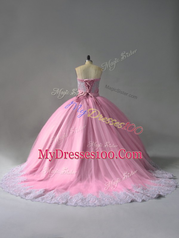 Shining Tulle Sweetheart Sleeveless Court Train Lace Up Beading and Appliques 15 Quinceanera Dress in Pink