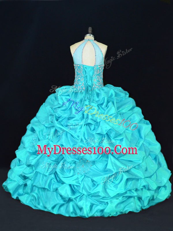 Aqua Blue Halter Top Neckline Beading and Appliques and Embroidery and Pick Ups Ball Gown Prom Dress Sleeveless Lace Up