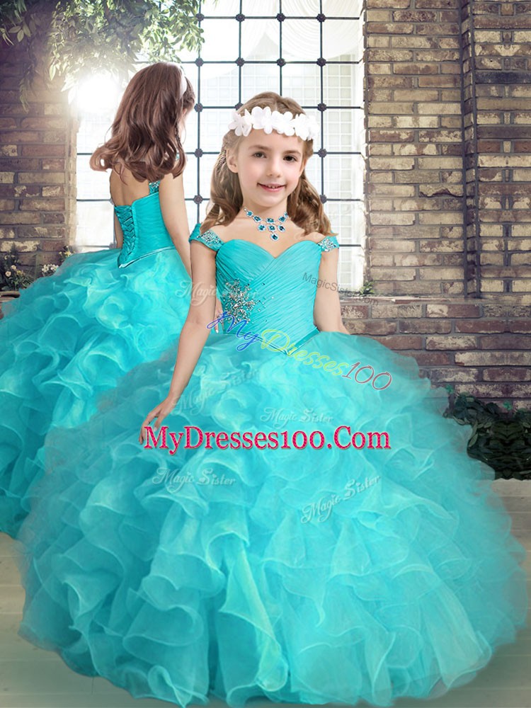 Aqua Blue Ball Gowns Straps Sleeveless Organza High Low Lace Up Beading and Ruffles Girls Pageant Dresses