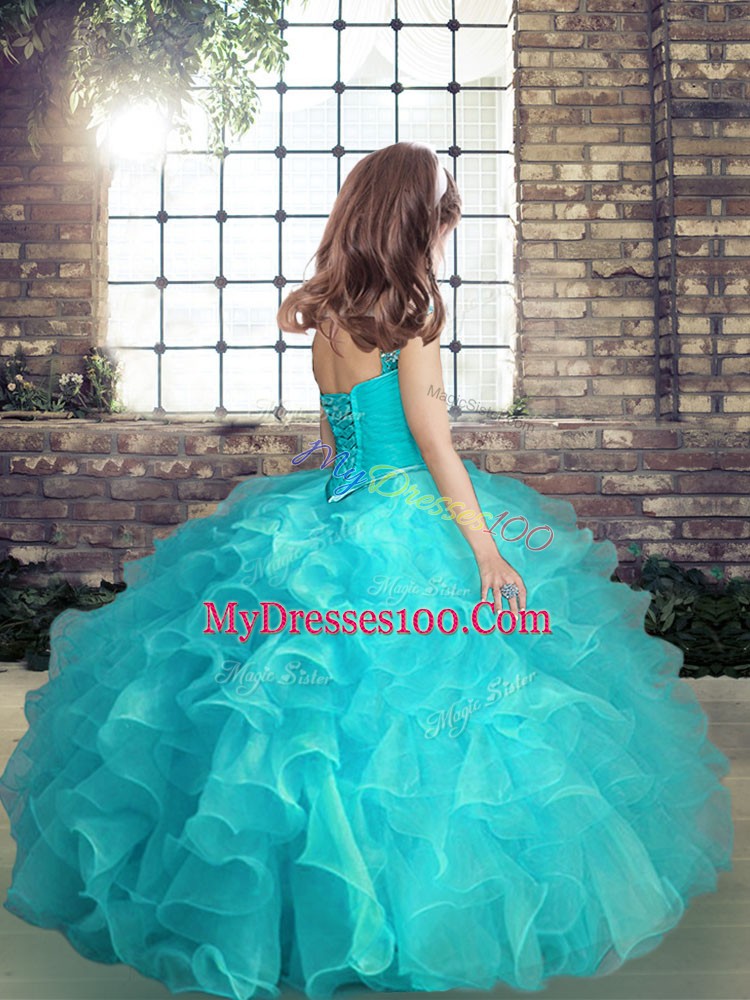 Aqua Blue Ball Gowns Straps Sleeveless Organza High Low Lace Up Beading and Ruffles Girls Pageant Dresses