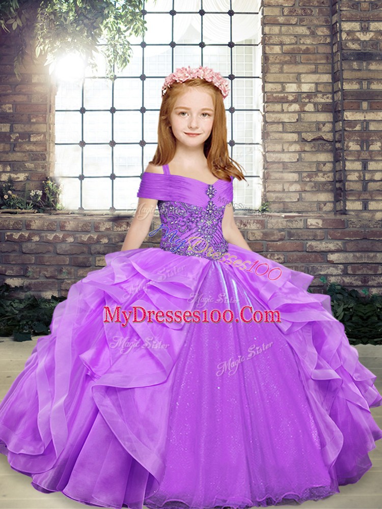 Organza Sleeveless Floor Length Little Girls Pageant Dress and Beading and Ruffles