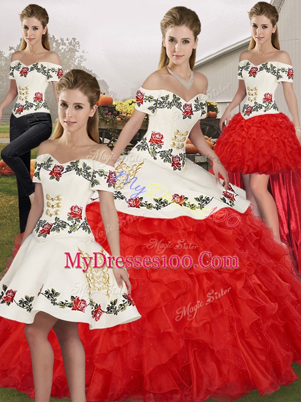 Colorful White And Red Off The Shoulder Lace Up Embroidery and Ruffles Quinceanera Gowns Sleeveless