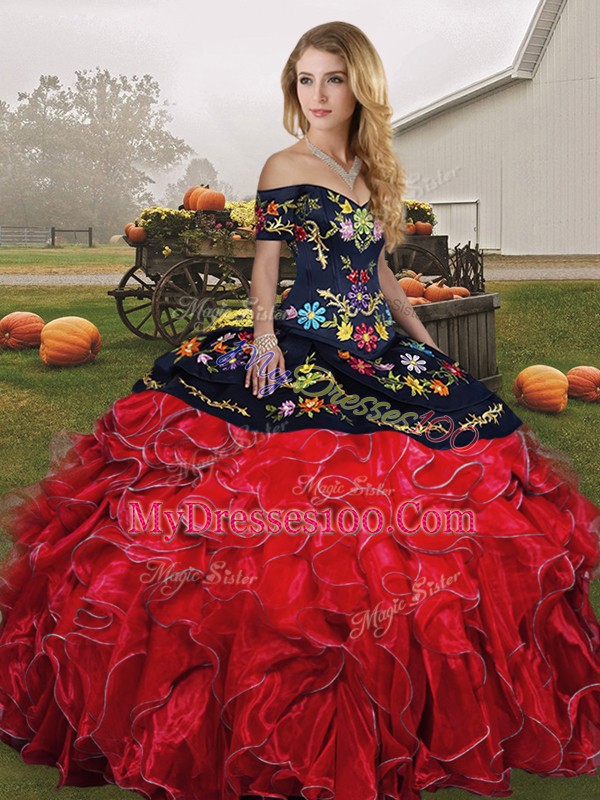 Fancy Off The Shoulder Sleeveless Organza Sweet 16 Dress Embroidery and Ruffles Lace Up