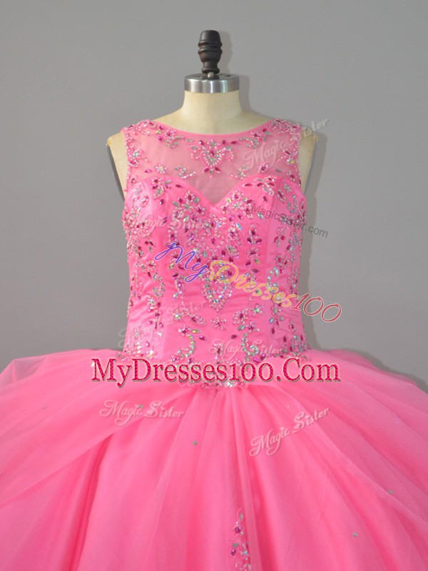 Top Selling Rose Pink Sleeveless Tulle Brush Train Lace Up Sweet 16 Quinceanera Dress for Sweet 16 and Quinceanera