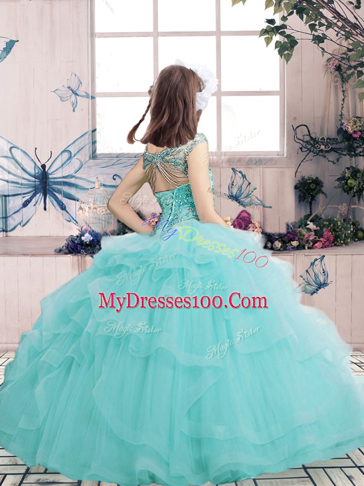 Light Blue Scoop Lace Up Beading and Ruffles Girls Pageant Dresses Sleeveless