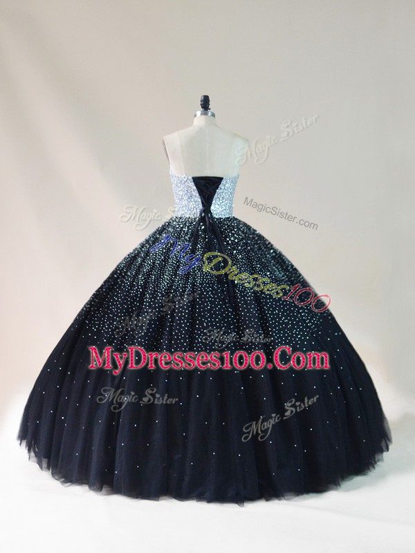 Shining Floor Length Ball Gowns Sleeveless Black Vestidos de Quinceanera Lace Up