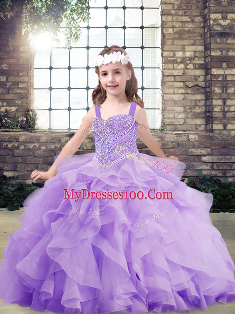 Custom Design Floor Length Lavender Little Girls Pageant Gowns Straps Sleeveless Lace Up