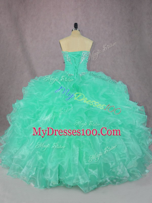 Floor Length Turquoise 15th Birthday Dress Organza Sleeveless Beading and Ruffles