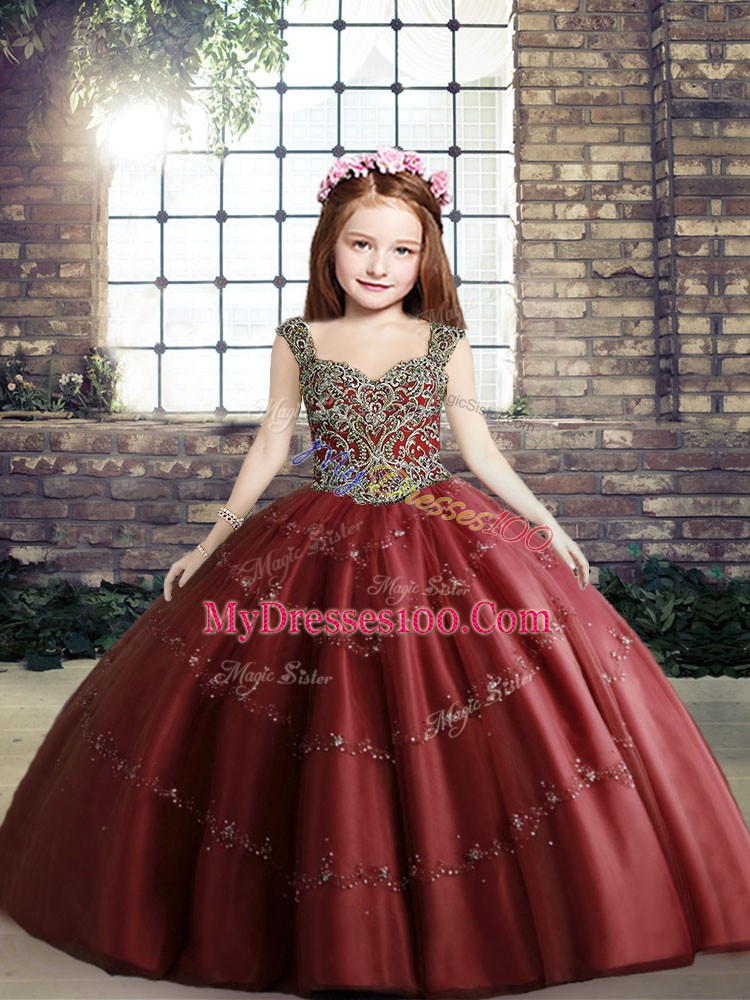 Amazing Red Tulle Lace Up Straps Sleeveless Floor Length Girls Pageant Dresses Beading