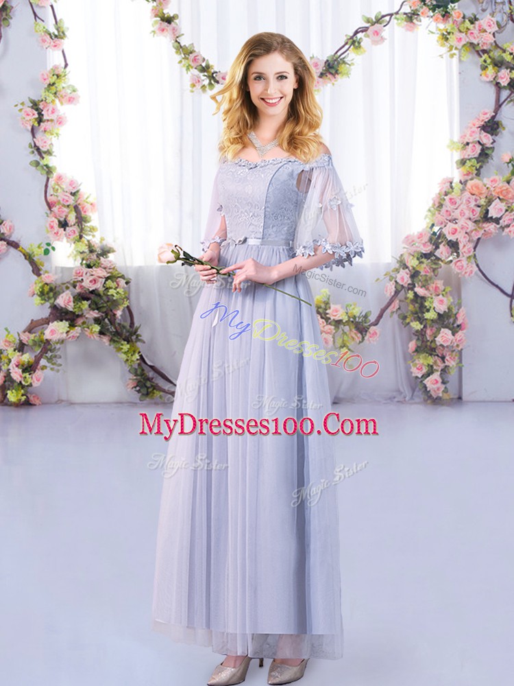 High Class Floor Length Grey Dama Dress for Quinceanera Tulle Half Sleeves Lace and Belt