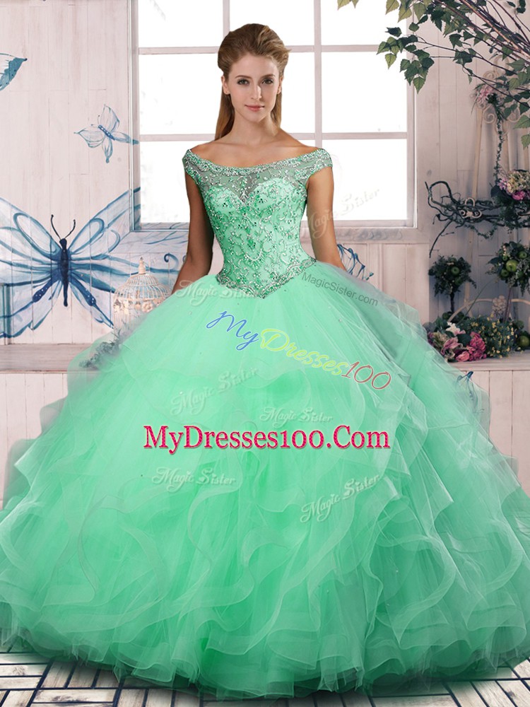 Off The Shoulder Sleeveless Sweet 16 Dresses Floor Length Beading and Ruffles Apple Green Tulle