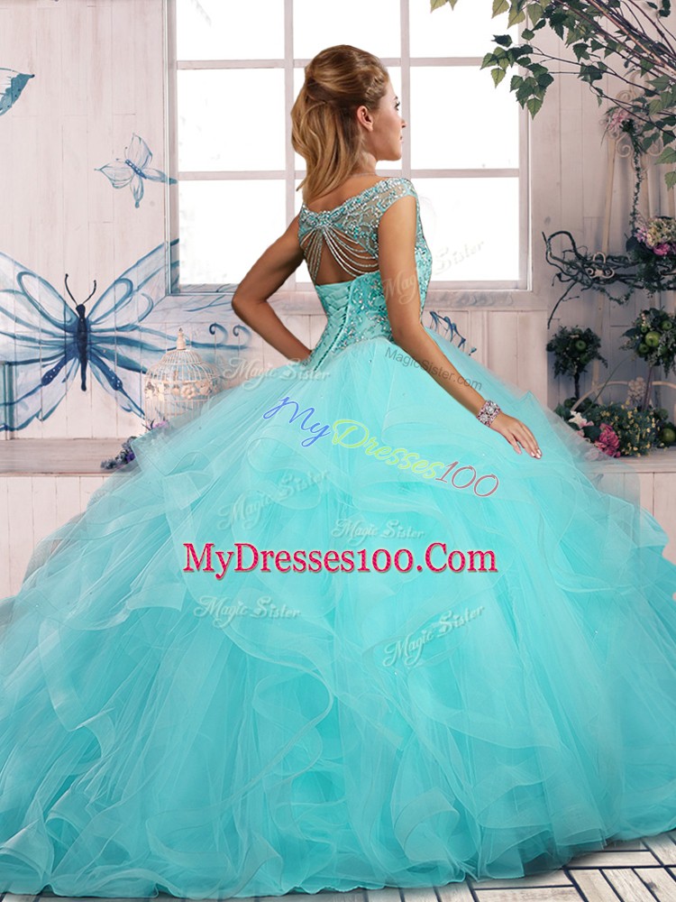 Off The Shoulder Sleeveless Sweet 16 Dresses Floor Length Beading and Ruffles Apple Green Tulle