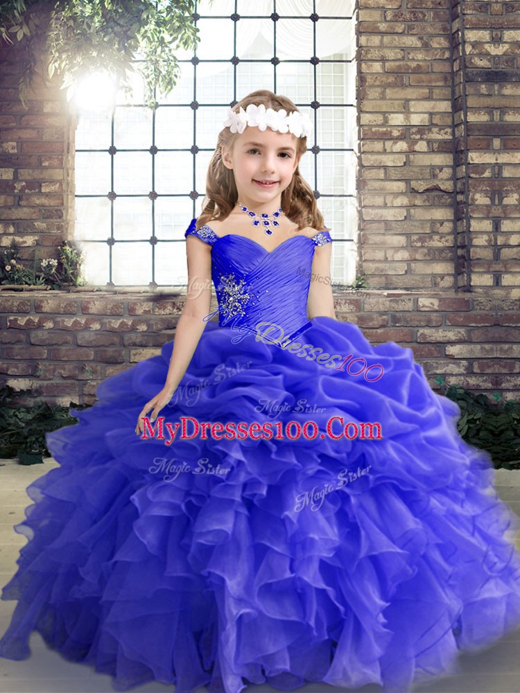 Admirable Blue Lace Up Straps Beading and Ruffles Child Pageant Dress Organza Sleeveless