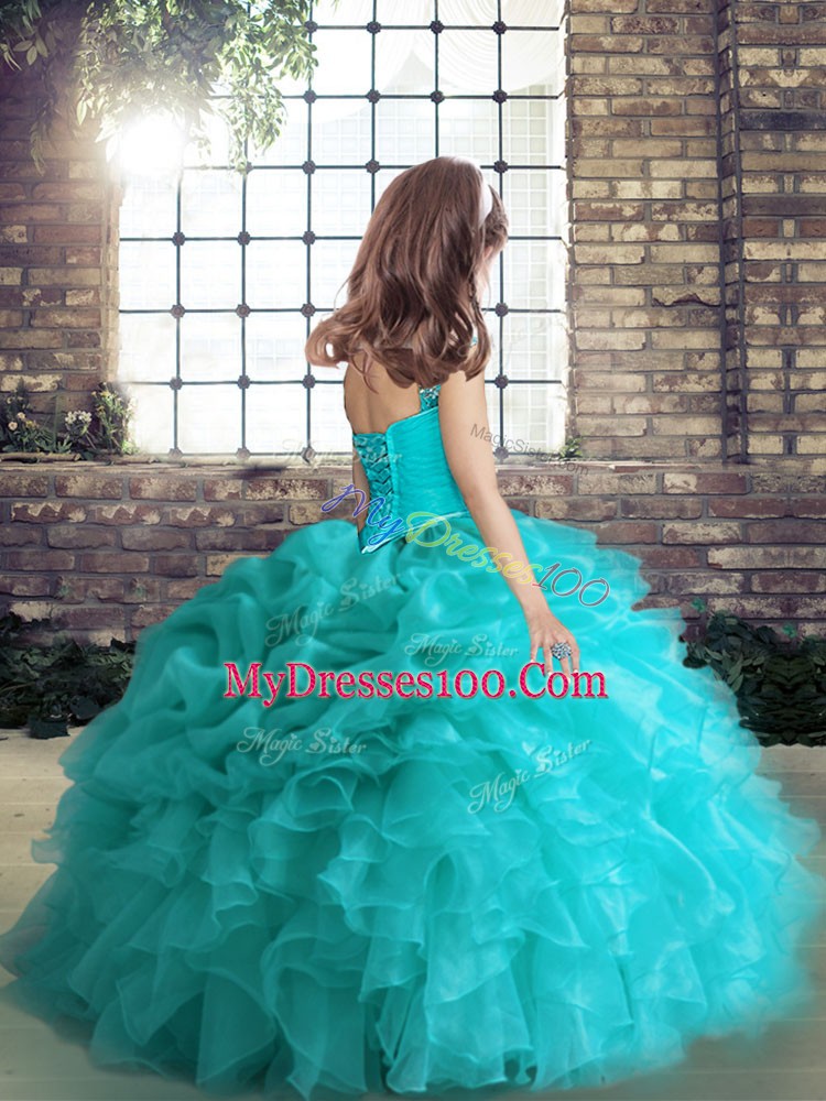 Admirable Blue Lace Up Straps Beading and Ruffles Child Pageant Dress Organza Sleeveless