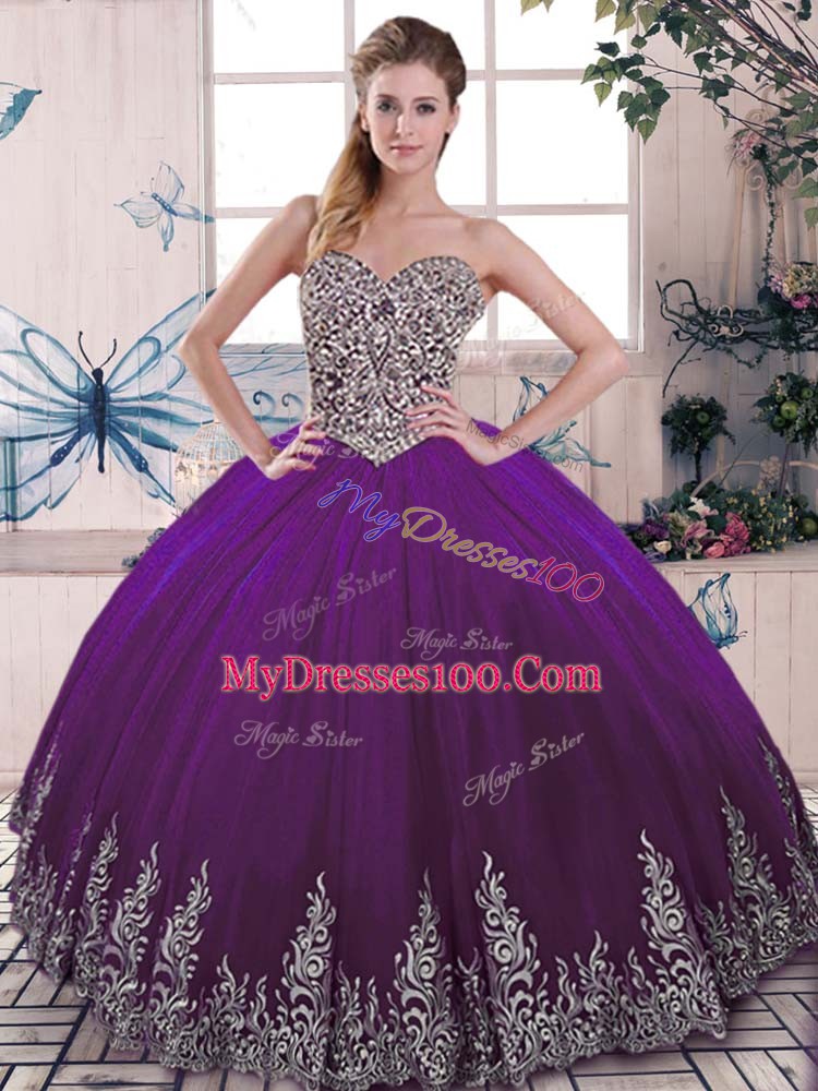 Tulle Sweetheart Sleeveless Lace Up Beading and Embroidery Quinceanera Gowns in Purple