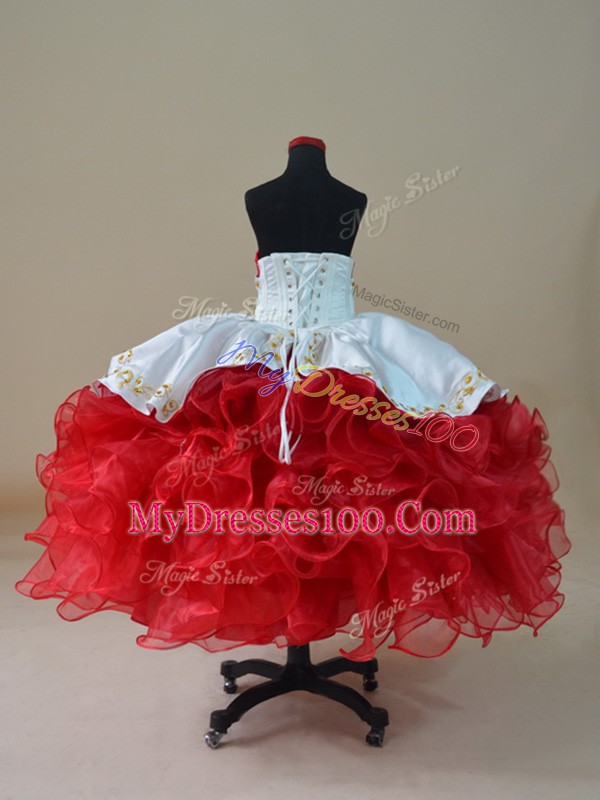 White And Red Sleeveless Floor Length Embroidery and Ruffles Lace Up Little Girl Pageant Dress