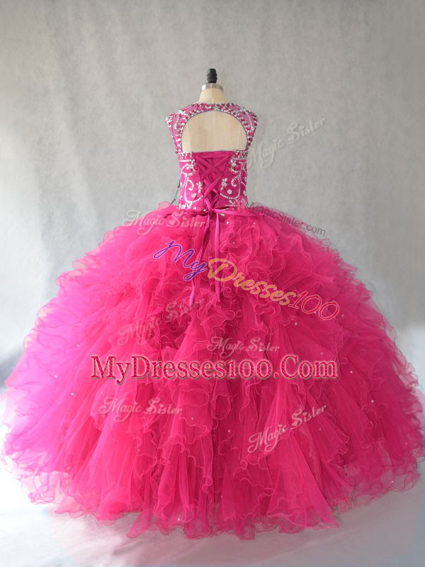 Hot Pink Ball Gowns Beading Vestidos de Quinceanera Lace Up Tulle Sleeveless