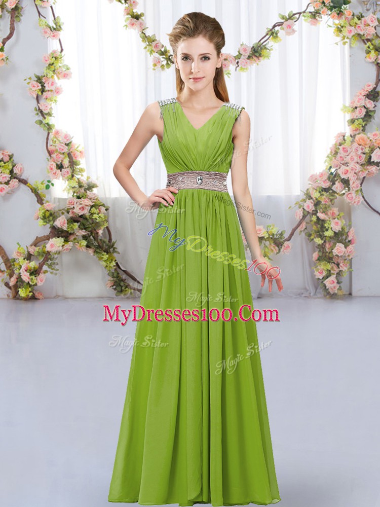 Fitting Olive Green Chiffon Lace Up V-neck Sleeveless Floor Length Bridesmaid Gown Beading and Belt