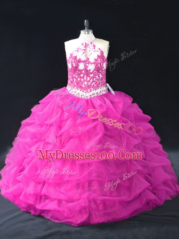 Sexy Fuchsia Organza Backless Quinceanera Dress Sleeveless Floor Length Beading and Lace and Pick Ups